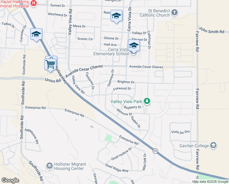 map of restaurants, bars, coffee shops, grocery stores, and more near 1501 Mimosa Street in Hollister