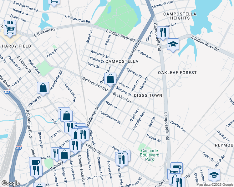 map of restaurants, bars, coffee shops, grocery stores, and more near 1400 Berkley Avenue in Chesapeake