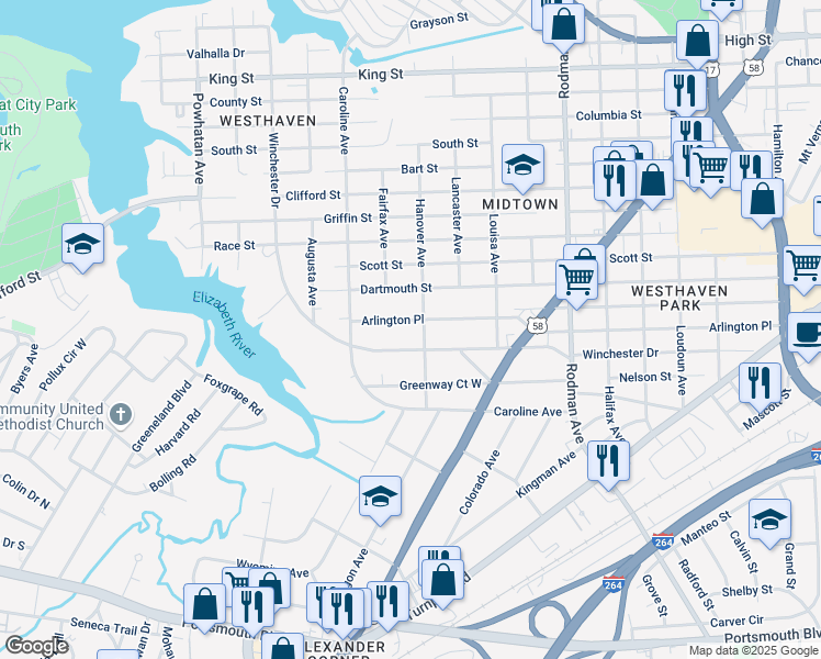map of restaurants, bars, coffee shops, grocery stores, and more near 4100 Winchester Drive in Portsmouth