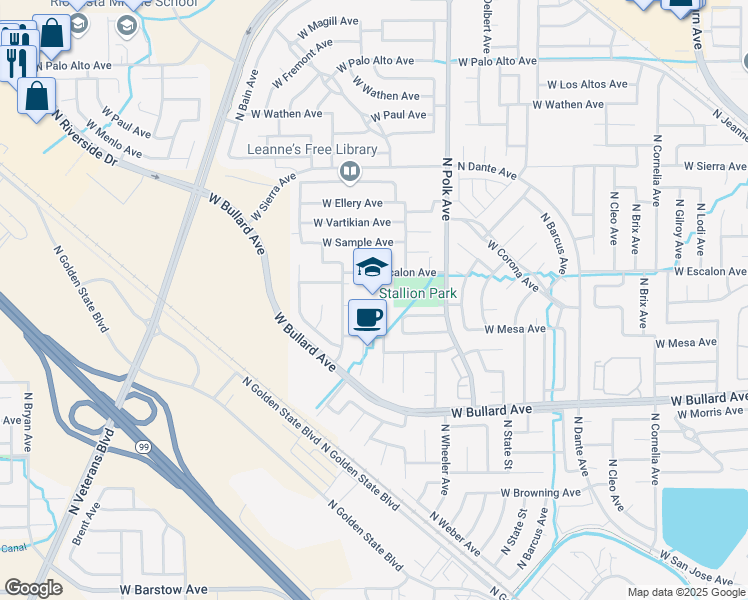 map of restaurants, bars, coffee shops, grocery stores, and more near 5650 West Escalon Avenue in Fresno