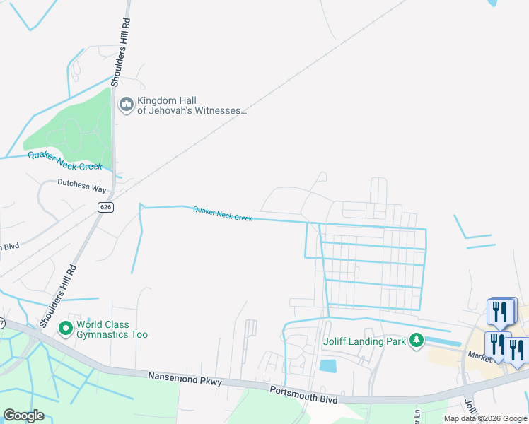 map of restaurants, bars, coffee shops, grocery stores, and more near 2144 Jolliff Road in Chesapeake