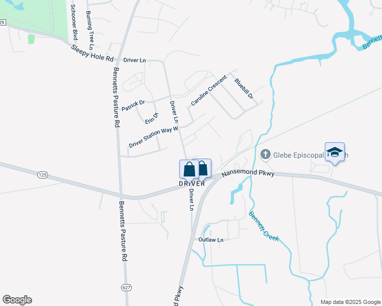 map of restaurants, bars, coffee shops, grocery stores, and more near 4244 Driver Lane in Suffolk