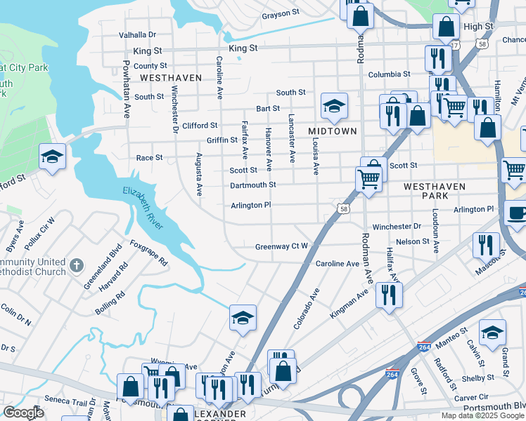 map of restaurants, bars, coffee shops, grocery stores, and more near 4100 Winchester Drive in Portsmouth