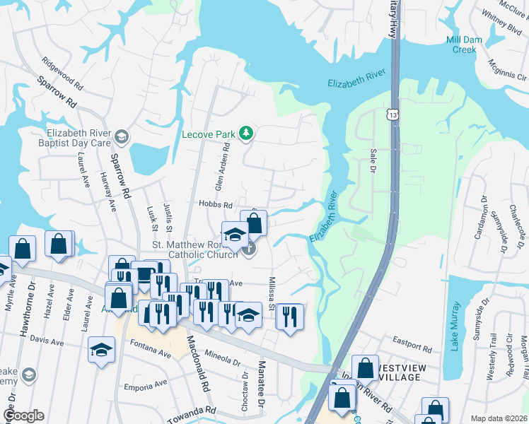 map of restaurants, bars, coffee shops, grocery stores, and more near 1108 Milissa Court in Virginia Beach