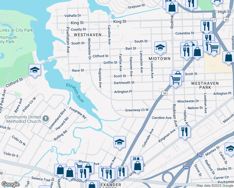 map of restaurants, bars, coffee shops, grocery stores, and more near 4207 Arlington Place in Portsmouth