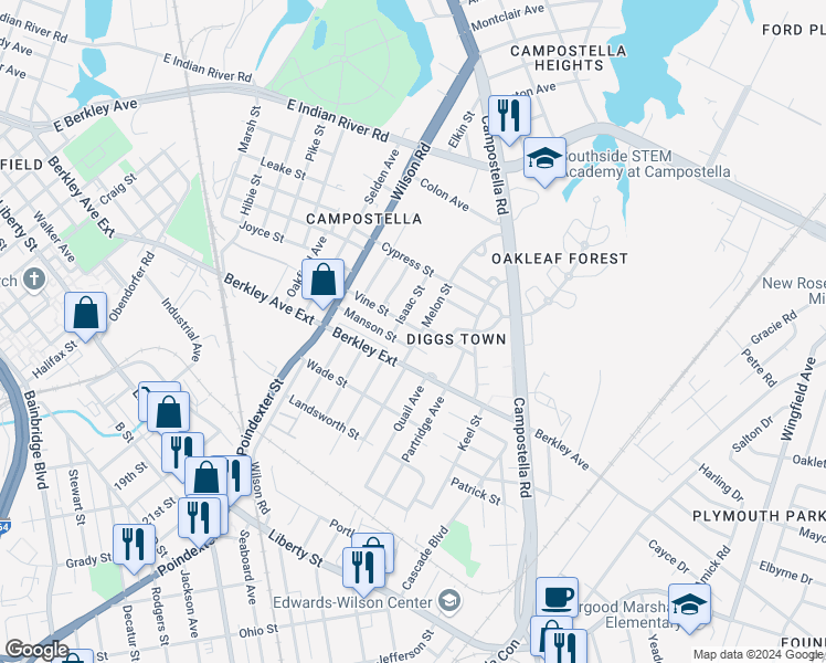 map of restaurants, bars, coffee shops, grocery stores, and more near 1701 Melon Street in Norfolk
