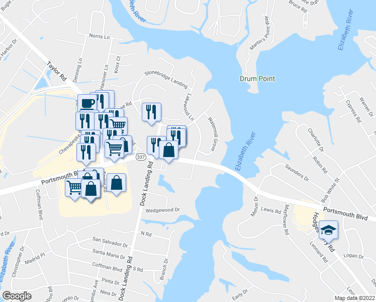 map of restaurants, bars, coffee shops, grocery stores, and more near 4176 Prindle Court in Chesapeake
