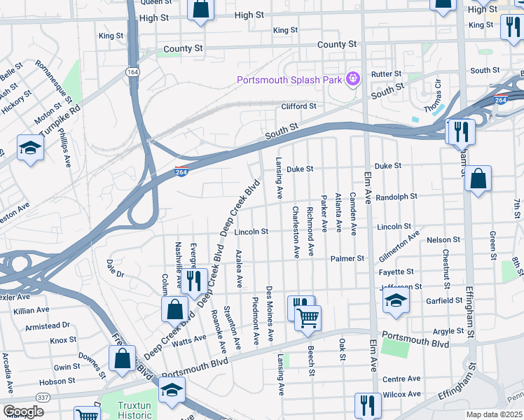 map of restaurants, bars, coffee shops, grocery stores, and more near 1700 Des Moines Avenue in Portsmouth