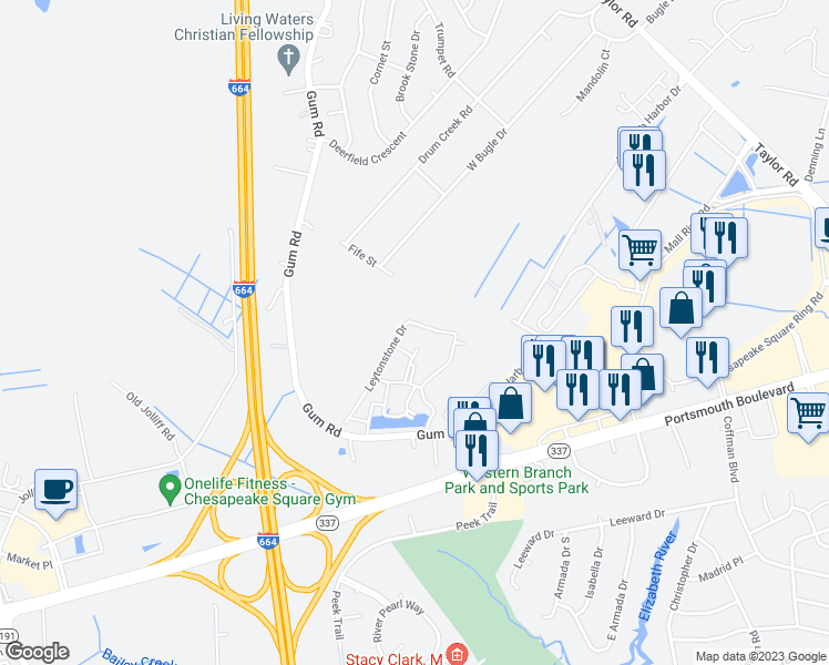 map of restaurants, bars, coffee shops, grocery stores, and more near 2447 Leytonstone Drive in Chesapeake