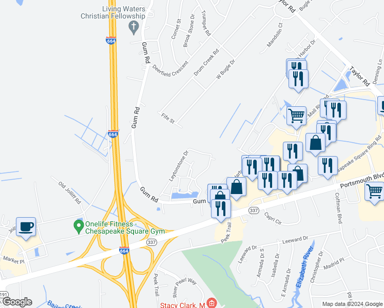 map of restaurants, bars, coffee shops, grocery stores, and more near 2447 Leytonstone Drive in Chesapeake