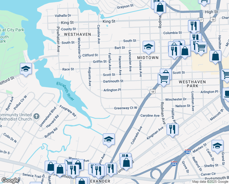 map of restaurants, bars, coffee shops, grocery stores, and more near 4107 Arlington Place in Portsmouth