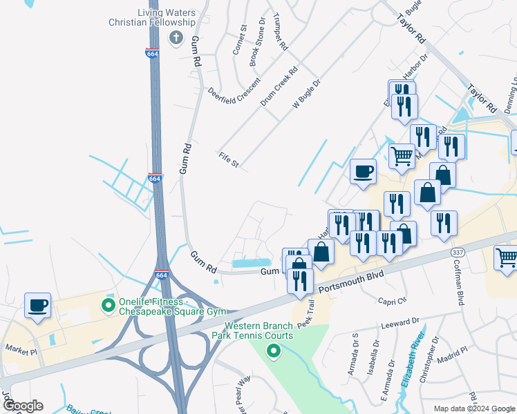 map of restaurants, bars, coffee shops, grocery stores, and more near 2453 Leytonstone Drive in Chesapeake