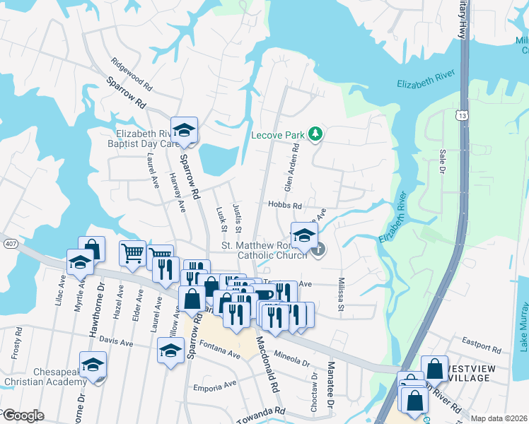 map of restaurants, bars, coffee shops, grocery stores, and more near 3328 Macdonald Road in Virginia Beach