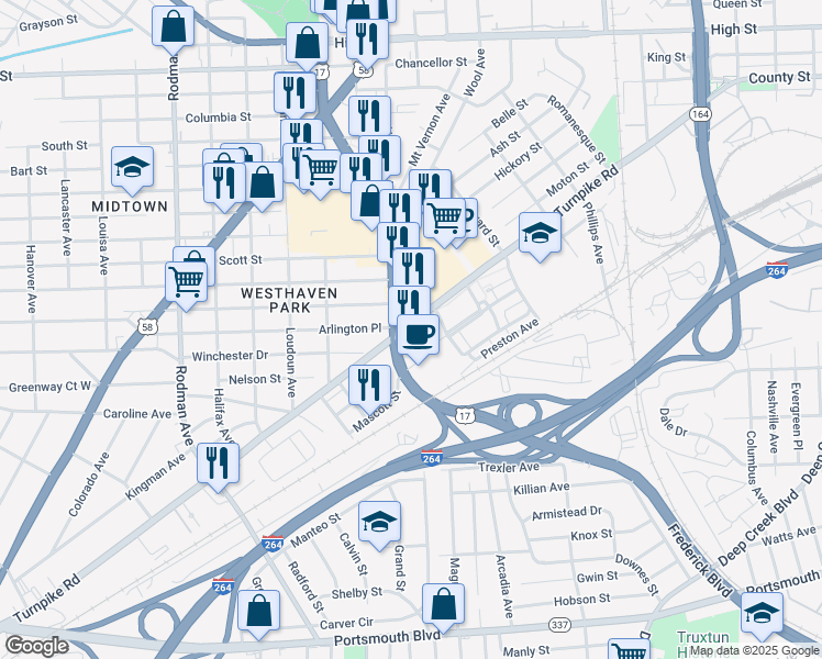 map of restaurants, bars, coffee shops, grocery stores, and more near 172 Wilson Parkway in Portsmouth