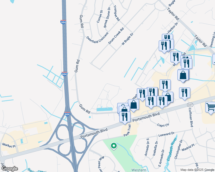 map of restaurants, bars, coffee shops, grocery stores, and more near 2453 Leytonstone Drive in Chesapeake
