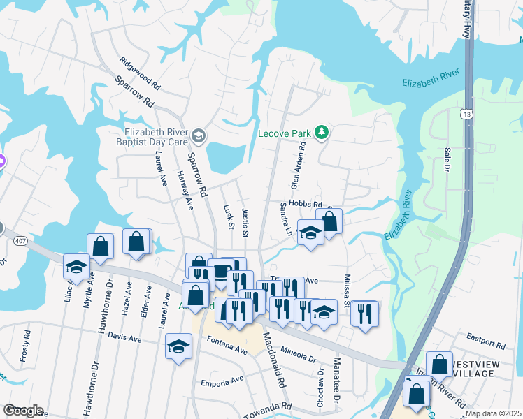 map of restaurants, bars, coffee shops, grocery stores, and more near 3325 Macdonald Road in Virginia Beach