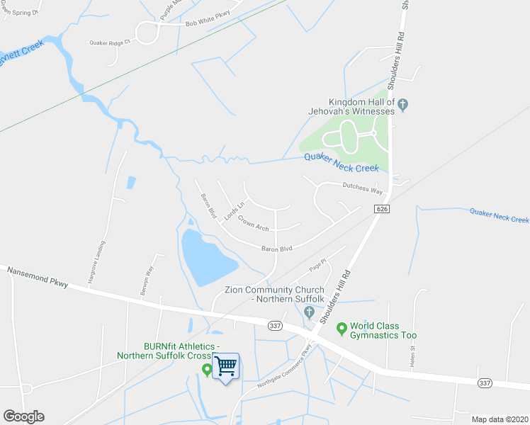 map of restaurants, bars, coffee shops, grocery stores, and more near 203 Princess Arch in Suffolk
