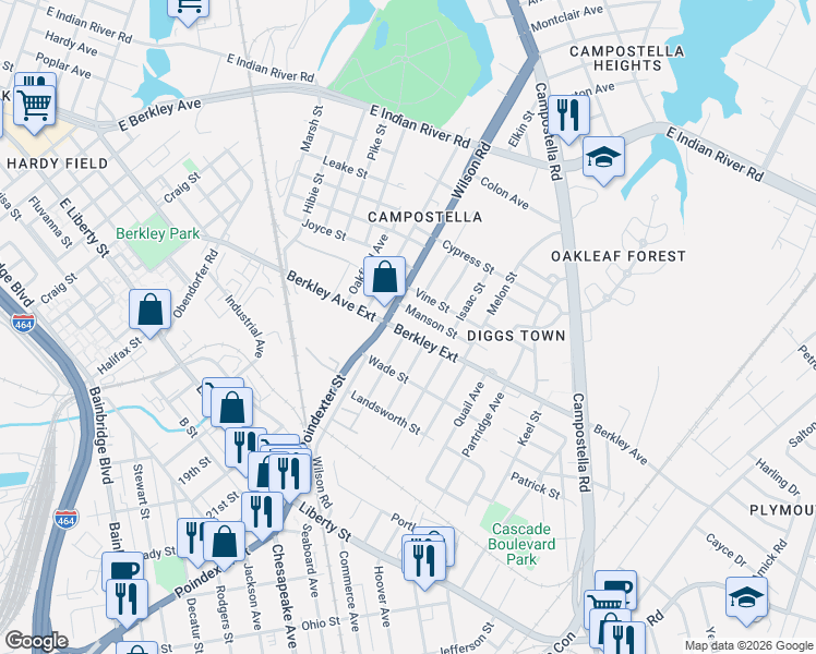 map of restaurants, bars, coffee shops, grocery stores, and more near 1500 Berkley Avenue in Norfolk