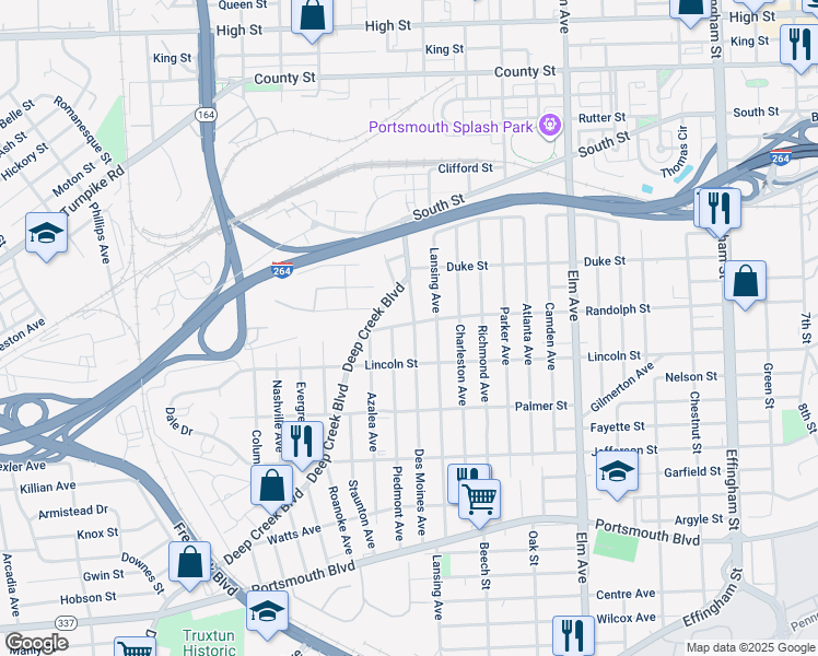 map of restaurants, bars, coffee shops, grocery stores, and more near 1700 Des Moines Avenue in Portsmouth