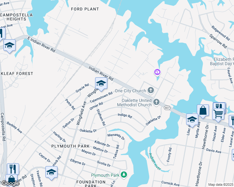 map of restaurants, bars, coffee shops, grocery stores, and more near 1209 Ormer Road in Chesapeake