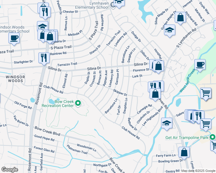 map of restaurants, bars, coffee shops, grocery stores, and more near 441 Lineberry Road in Virginia Beach
