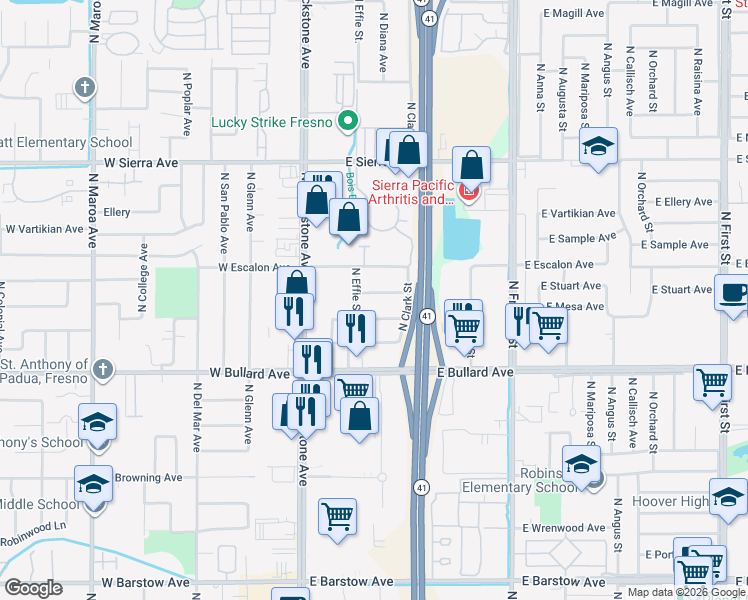map of restaurants, bars, coffee shops, grocery stores, and more near 144 East Mesa Avenue in Fresno