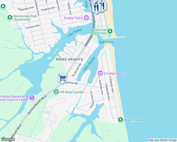 map of restaurants, bars, coffee shops, grocery stores, and more near 505 Kerry Lane in Virginia Beach