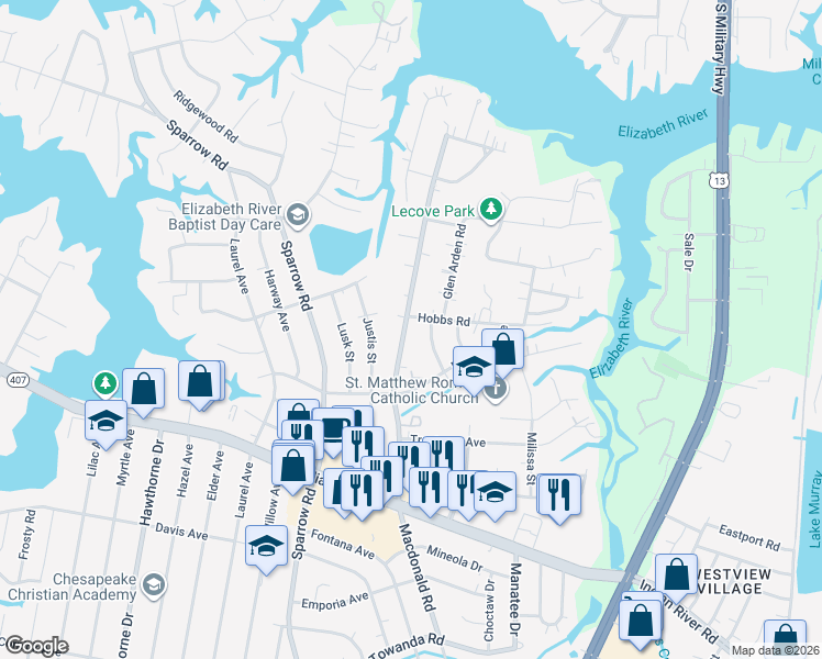 map of restaurants, bars, coffee shops, grocery stores, and more near 3328 Macdonald Road in Virginia Beach