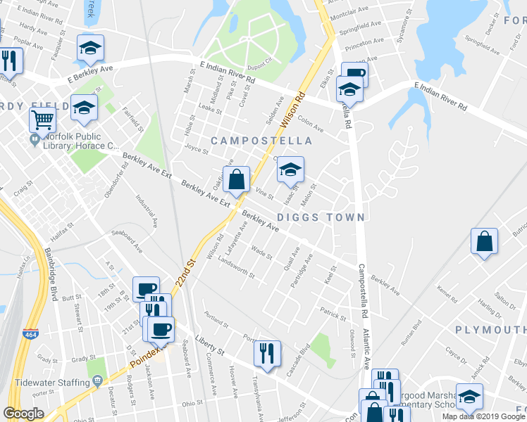 map of restaurants, bars, coffee shops, grocery stores, and more near 1543 Manson Street in Norfolk