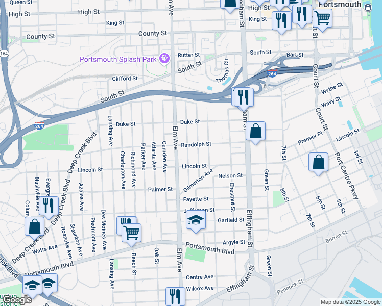 map of restaurants, bars, coffee shops, grocery stores, and more near 1812 Maple Avenue in Portsmouth