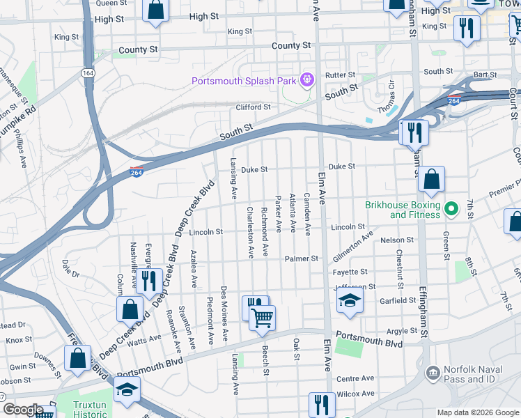 map of restaurants, bars, coffee shops, grocery stores, and more near 1800 Charleston Avenue in Portsmouth