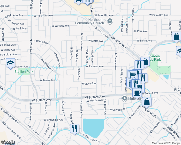 map of restaurants, bars, coffee shops, grocery stores, and more near 6180 North Gilroy Avenue in Fresno