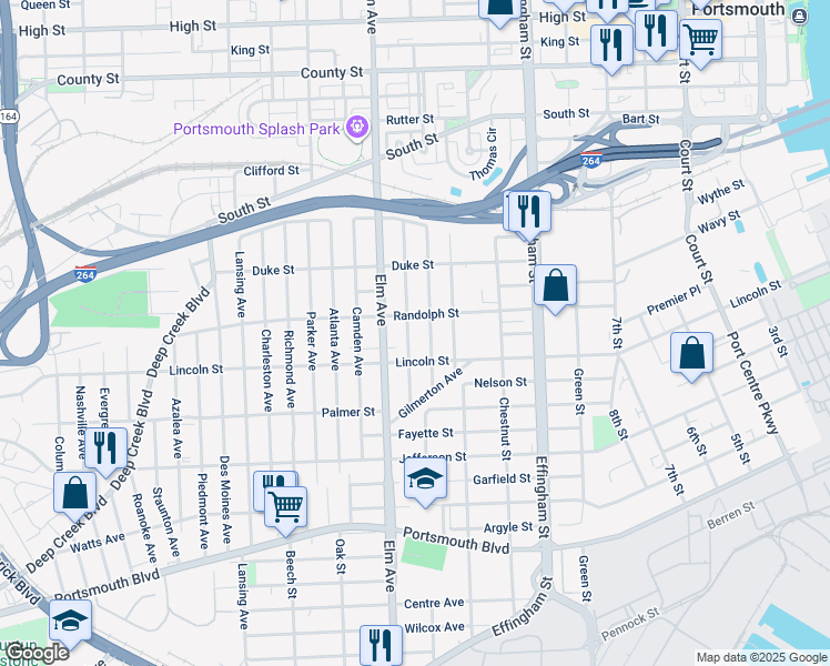 map of restaurants, bars, coffee shops, grocery stores, and more near 1812 Maple Avenue in Portsmouth
