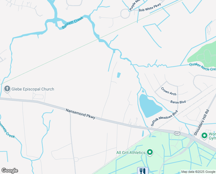 map of restaurants, bars, coffee shops, grocery stores, and more near 4025 Hargrove Landing in Suffolk