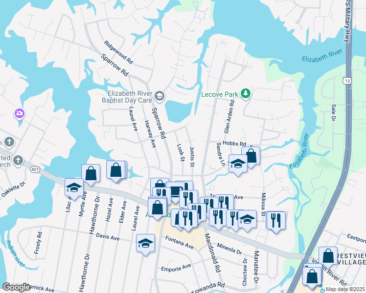 map of restaurants, bars, coffee shops, grocery stores, and more near 3336 Lusk Street in Virginia Beach