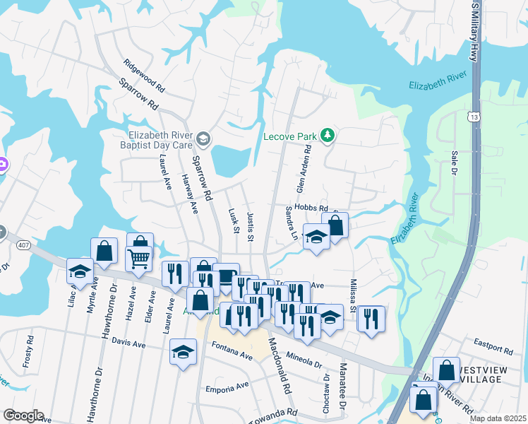 map of restaurants, bars, coffee shops, grocery stores, and more near 3325 Macdonald Road in Virginia Beach