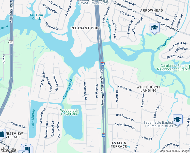 map of restaurants, bars, coffee shops, grocery stores, and more near 5809 Sir Michael Lane in Virginia Beach