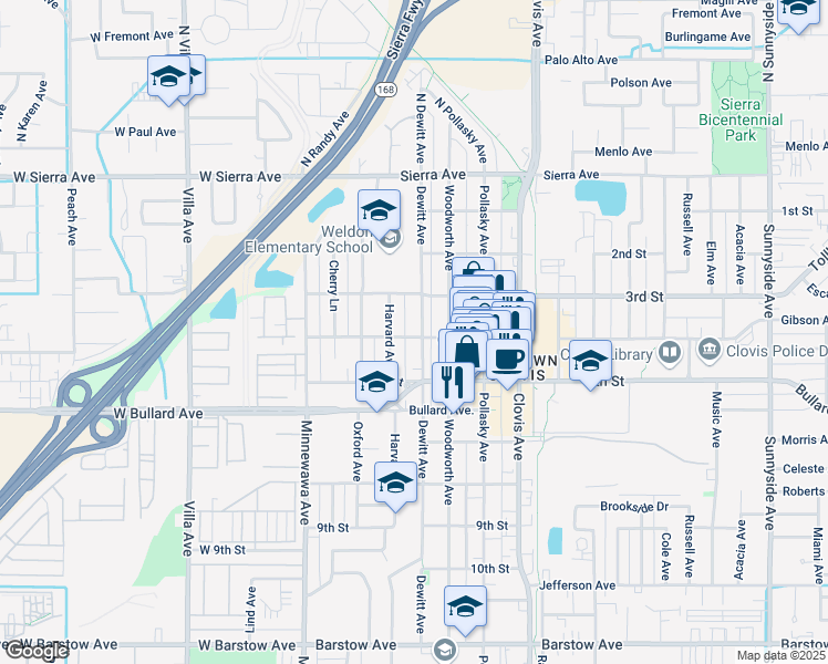 map of restaurants, bars, coffee shops, grocery stores, and more near 384 Dewitt Avenue in Clovis
