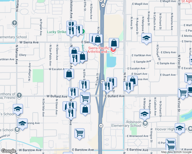 map of restaurants, bars, coffee shops, grocery stores, and more near 6115 North Clark Street in Fresno