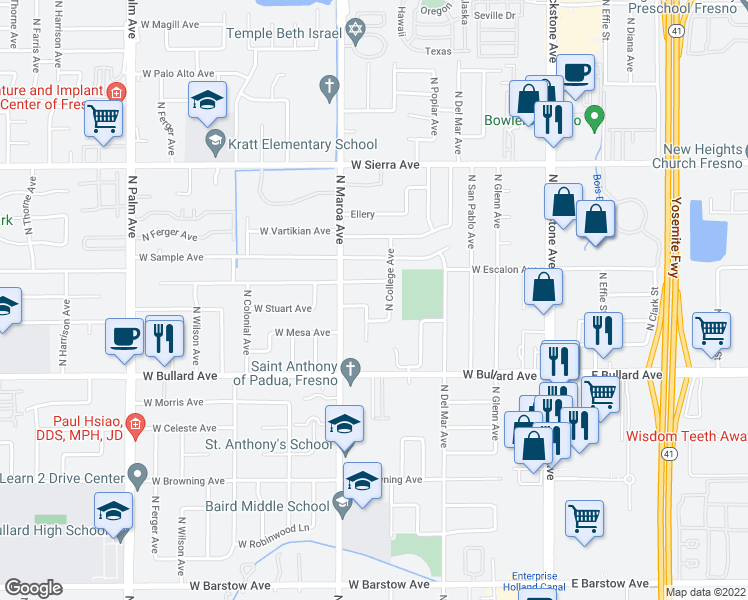 map of restaurants, bars, coffee shops, grocery stores, and more near 340 West Stuart Avenue in Fresno