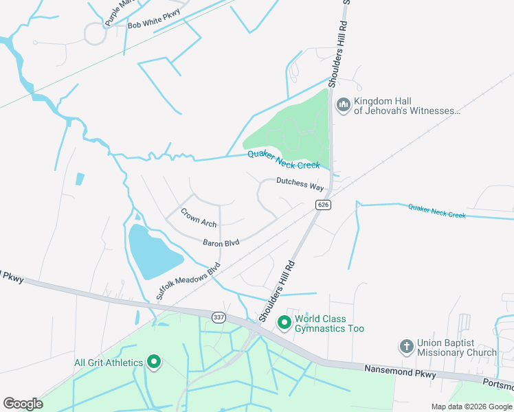 map of restaurants, bars, coffee shops, grocery stores, and more near 134 Dutchess Way in Suffolk