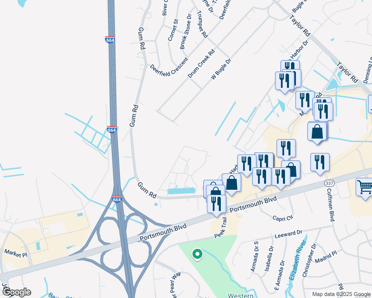 map of restaurants, bars, coffee shops, grocery stores, and more near 2449 Leytonstone Drive in Chesapeake