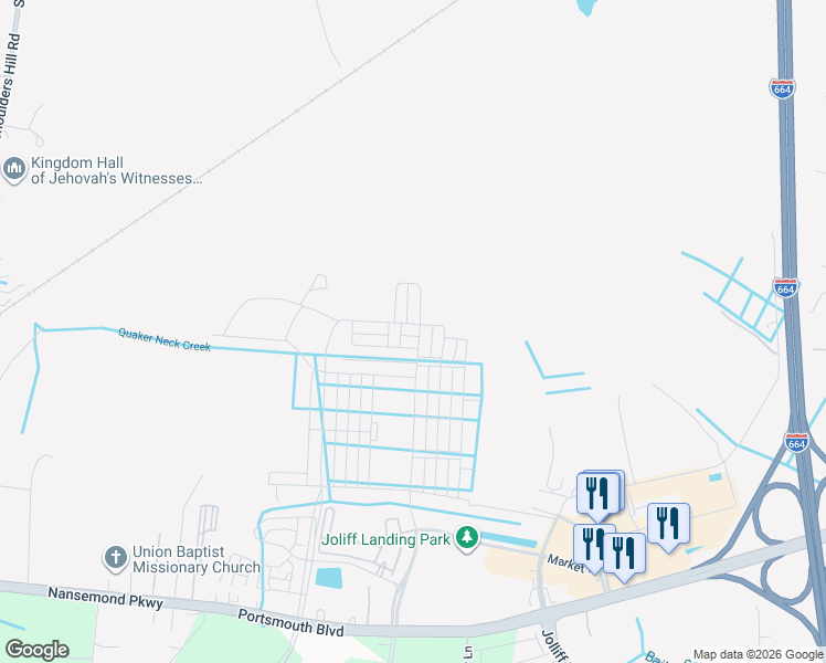 map of restaurants, bars, coffee shops, grocery stores, and more near 2144 Jolliff Road in Chesapeake