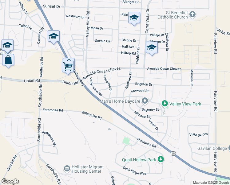 map of restaurants, bars, coffee shops, grocery stores, and more near 2399 Paradise Drive in Hollister