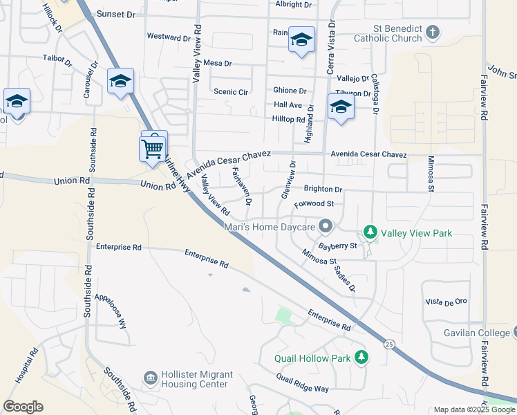 map of restaurants, bars, coffee shops, grocery stores, and more near 2399 Paradise Drive in Hollister
