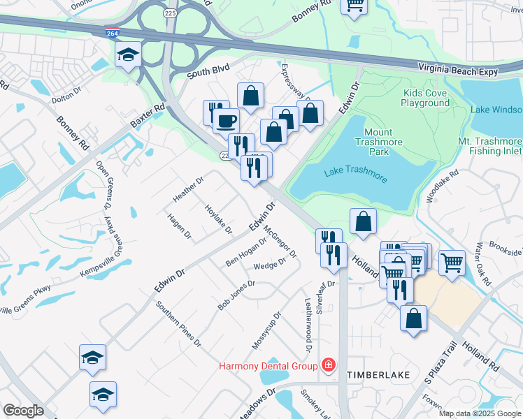 map of restaurants, bars, coffee shops, grocery stores, and more near 501 Edwin Drive in Virginia Beach