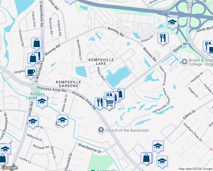map of restaurants, bars, coffee shops, grocery stores, and more near 4822 Oldwick Court in Virginia Beach
