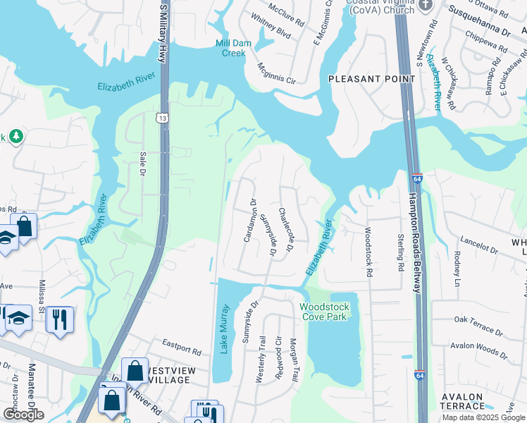 map of restaurants, bars, coffee shops, grocery stores, and more near 1045 Sunnyside Drive in Virginia Beach