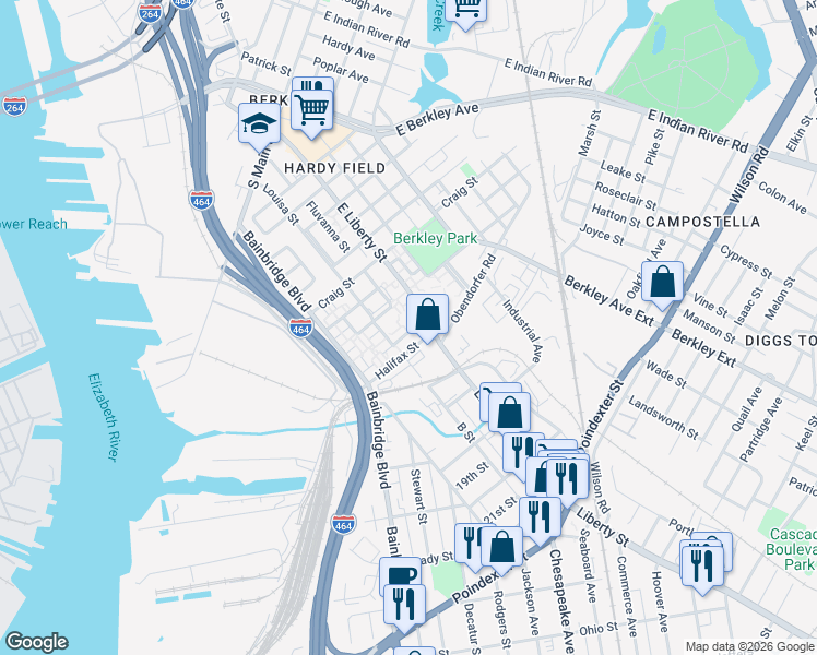 map of restaurants, bars, coffee shops, grocery stores, and more near 915 Halifax Street in Norfolk