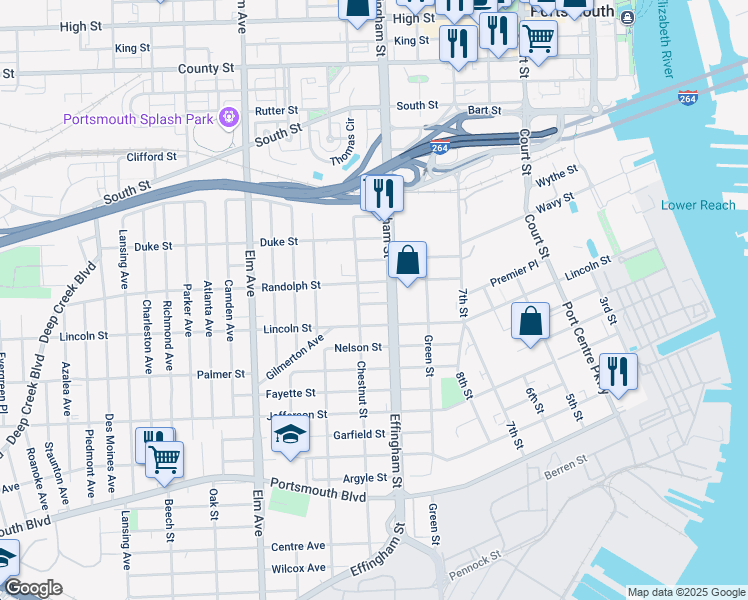 map of restaurants, bars, coffee shops, grocery stores, and more near 1812 Effingham Street in Portsmouth
